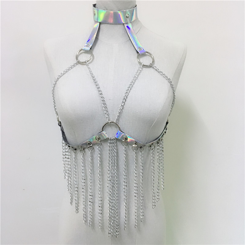 Gothic Leather Hollow Out Crop Top Women Link Chain Tassel Tank Tops Rave Festival Tops Summer Beach Top Sexy Party Clubwear 210308