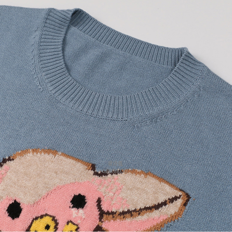 2021 New Runway Jacquard Knitted Pullover Blue Cute Pig Pattern Sweet Fashion Jumper C-075 210218