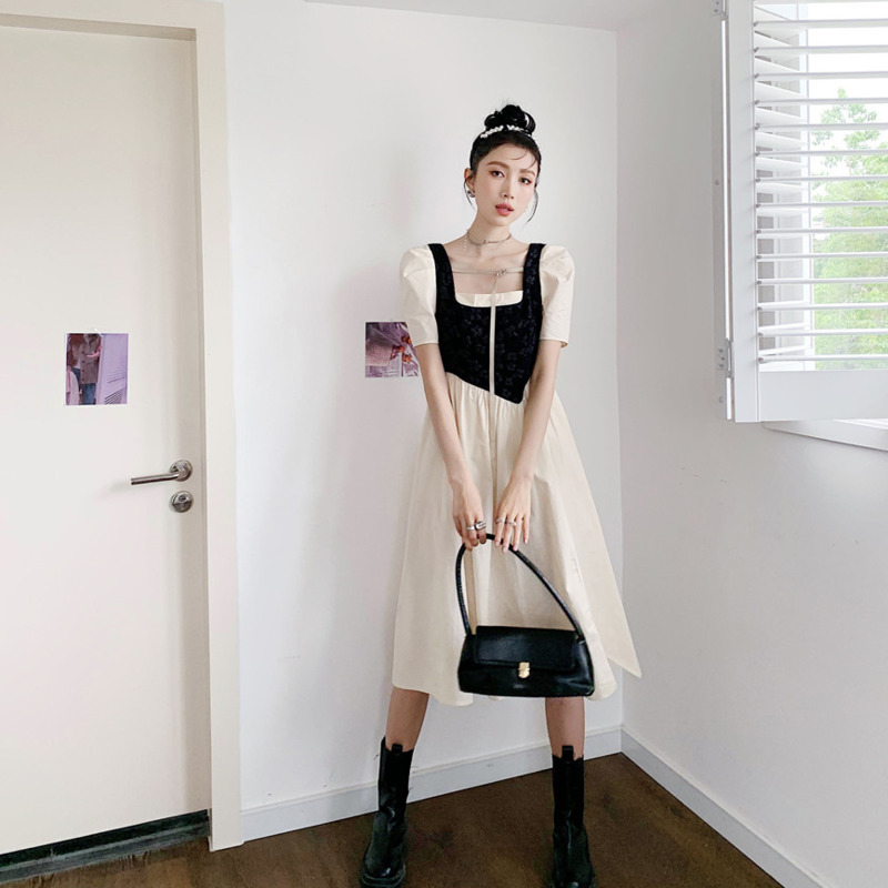 Women Dress Square Collar Short Sleeve Asymmetrical Temperament Loose Fit Fashion Summer 2H283 210526