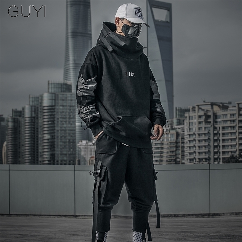 Letter Japan Style Hoodies Sweatshirts Men Harajuku Hip Hop Streetwear Pullover Casual Techwear Fluff Hoddies Male Hooded Top 201103