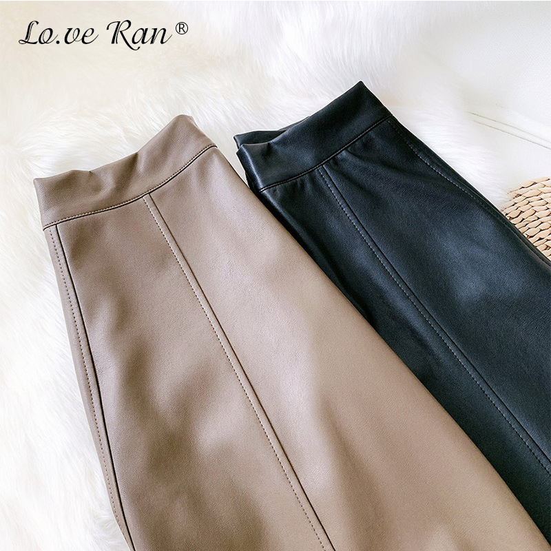 Autumn Fleece PU Leather Skirts Women Elegant High Waist ALine Patchwork Midi Skirt Female Winter Office Lady Bottoms 210306