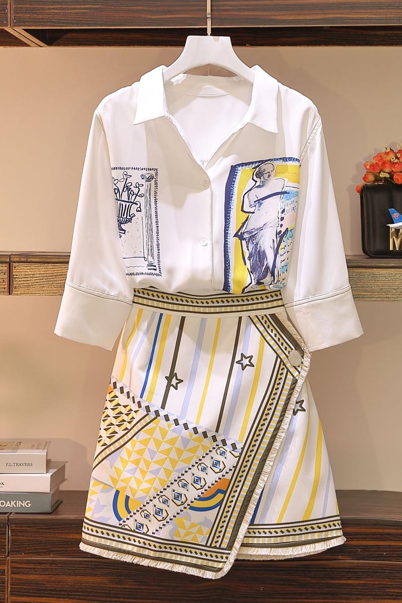 Two Piece Dress Floral Print Women Suits With Skirts And Tops Office Wear Skirt Blouse Plus Size 2 Set Ensemble Femme Survetement