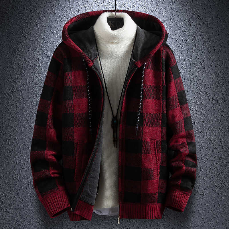 Winter Thick Cardigan Men's Sweater Zipper Striped Hooded Fashion Warm Slim fit Knitted Sweater Male Fleece Hoodies Coats men 211008