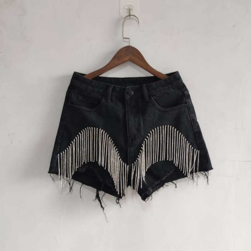 DEAT Spring Wear Heavy Tassels Nail Diamond Beads High All-match Thin Waist Denim Shorts Women AE32305 210611