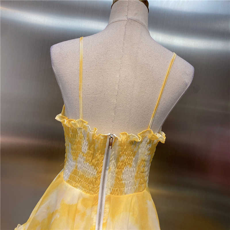 DEAT Women Printing Ruffles Sling Dress V-Neck Arrivals Lady Sexy Backless Temperament Fashion Spring Summer 11D1421 210709