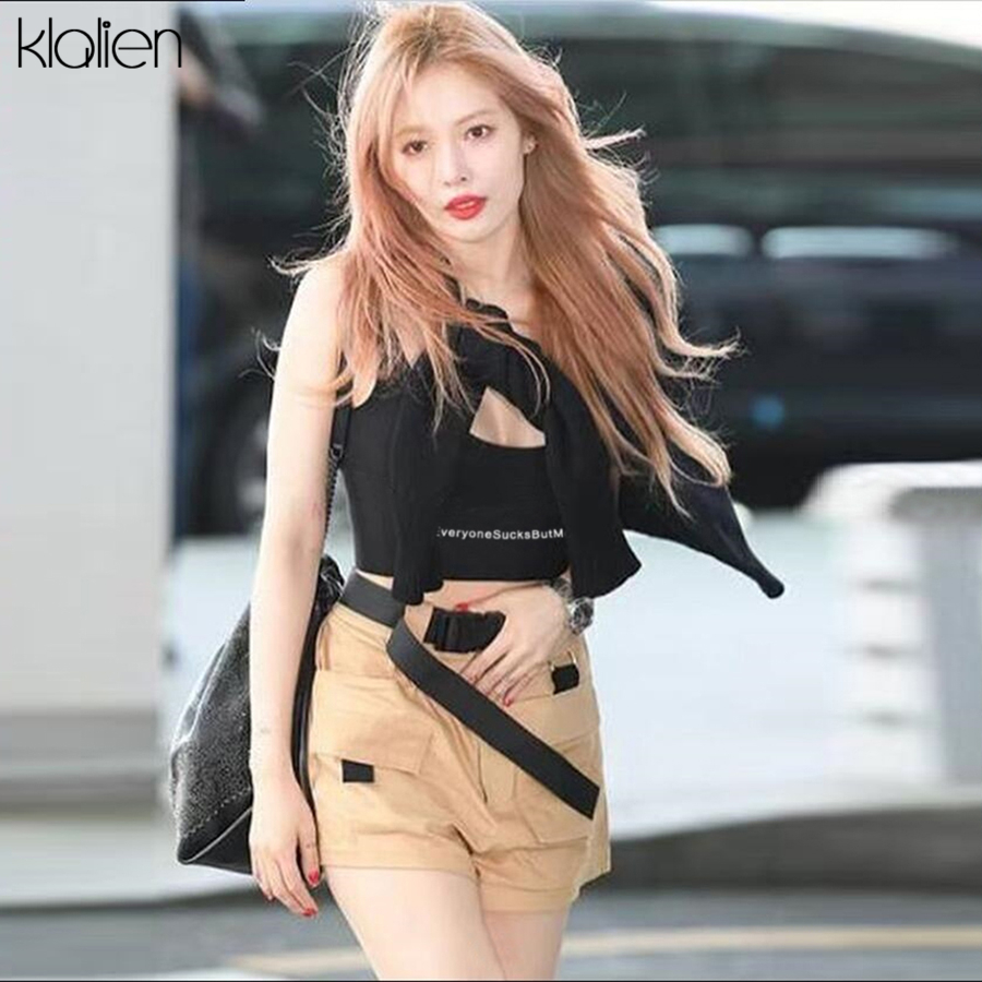 KLALIEN Summer Sexy Camisoles Women Crop Top Sleeveless Deep V-neck Slim Lady Long elastic band decoration Strap Skinny Camisole 210308