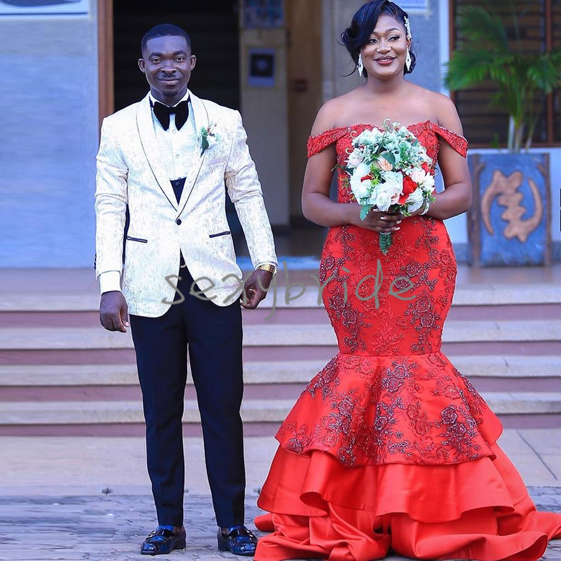 Plus Size Red Mermaid Lace Dresses Off Shoulder New Africa Beading Tiered Bridal Gown Satin Wedding Dress Reception Second Wear