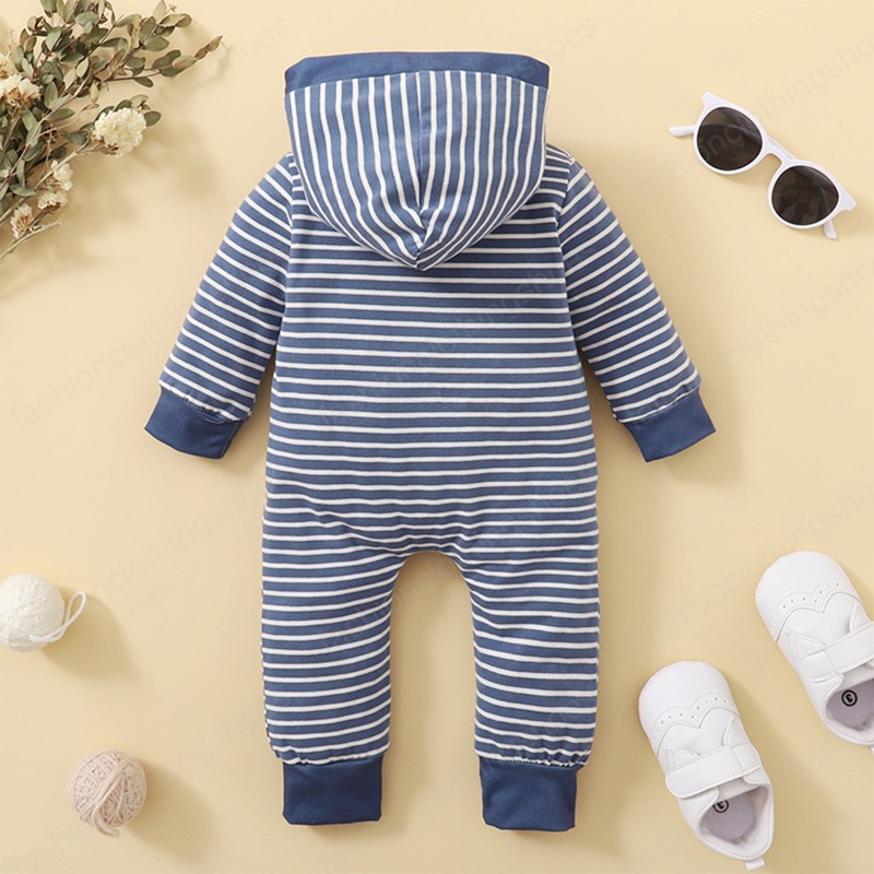 Baby Strip Hooded Bodysuit Stripe Long Sleeve Rompers Buttoned Collar Jumpsuit without Pocket Kids Clothing