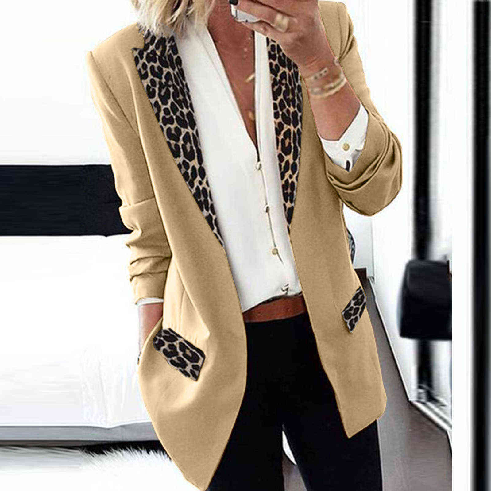 Casual Slim Leopard Patchwork Long Blazer Coat Woman Jacket Winter Female Elegant Office Lady Cardigan Thin Jackets Women 211122