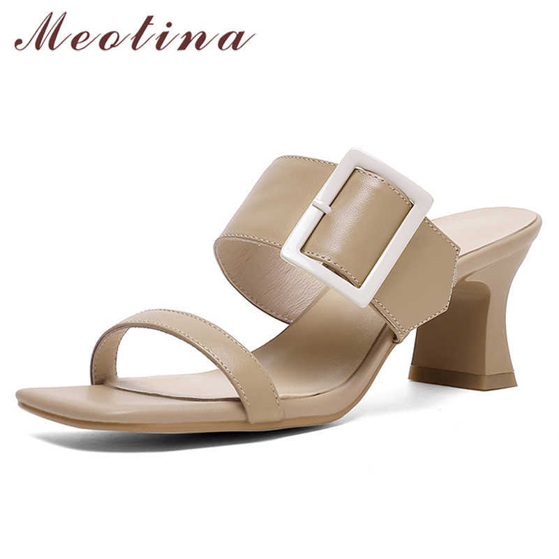 

Meotina Women Slippers Shoes Genuine Leather Sandals Narrow Band High Heel Slides Square Toe Thick Heel Lady Footwear Summer 43 210608, Apricot