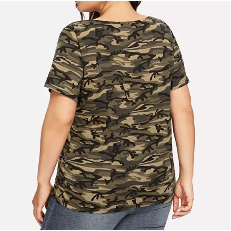 Plus Size Ripped Hollow Out Camouflage Printing Tees 3XL 4XL Women Summer Streetwear Lace Up Short Sleeve T-Shirts Tops 210306