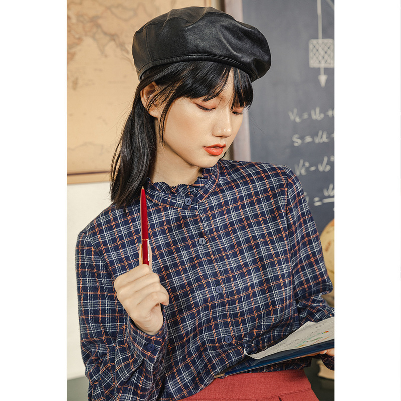 INMAN Autumn Winter Lace Stand-up Collar Long-sleeved Shirt Plaid Cotton Blouse 210225