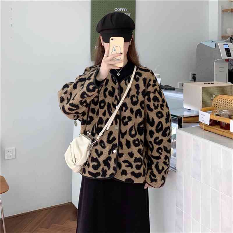 WERUERUYU Autumn winter coat women Leopard Pockets stitching lamb hair long sleeve Button comfortable slim jacket 210608, Photo color 
WERUERUYU Autumn winter coat women Leopard Pockets stitching lamb hair long sleeve Button comfortable slim jacket 210608, Photo color