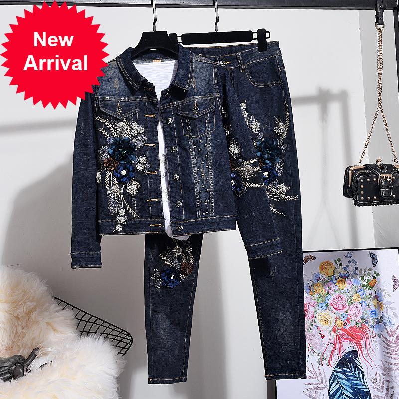 Women' Tracksuits European Style Denim Cloth Sets Womens Spring Autumn Studded Flower Embroidered Long Sleeve Jacket + Jeans Pants, Only denim coat
Women' Tracksuits European Style Denim Cloth Sets Womens Spring Autumn Studded Flower Embroidered Long Sleeve Jacket + Jeans Pants, Only denim coat