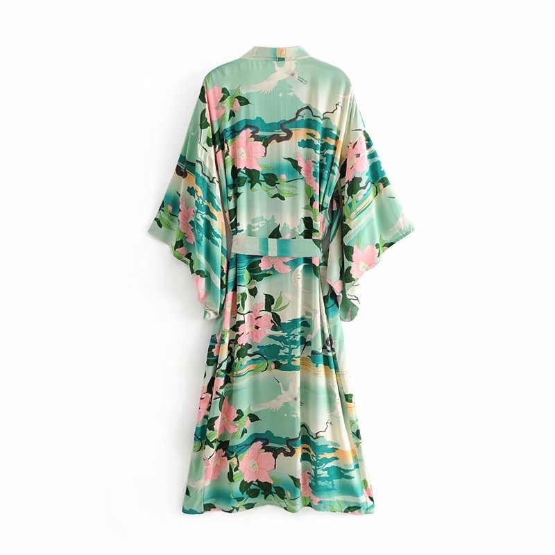 Boho Vintage green Floral Print Sashes Women bohemian V Neck batwing Sleeves happie Blouses Casual Blusas robe Kimono T200321