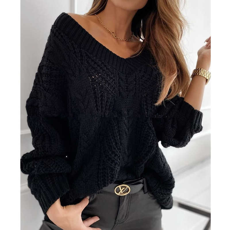 Women Solid Hollow Out Ribbed Knitted Sweater Autumn Winter V Neck Tops Casual Female Long Sleeve Loose Pullover 211007