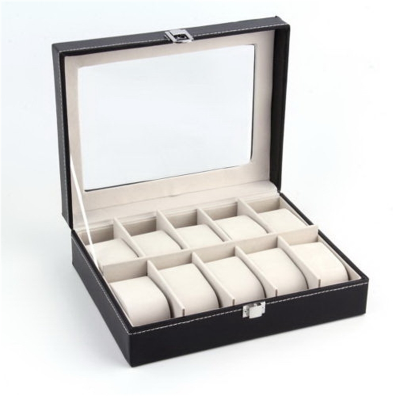 Fashion 10 Grids PU Leather Watch Boxes Storage Organizer Box Luxury Jewelry Ring Display Watch Case Black Display Case Box T20052