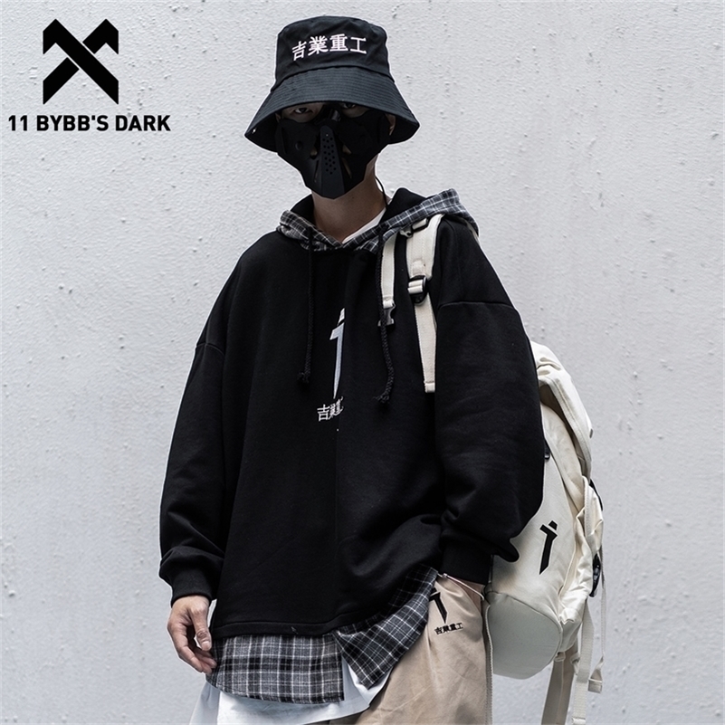 11 BYBB'S DARK Vintage Plaid Patchwork Hoodies Men Streetwear Hip Hop Letter Embroidery Sweatshirts Techwear Hoodie Pulover 201020