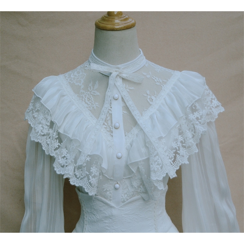 Royal Vintage Illusion Neck Women's Chiffon Blouse Gothic Sheer Long Lantern Sleeve Blouse with Ruffles T200321