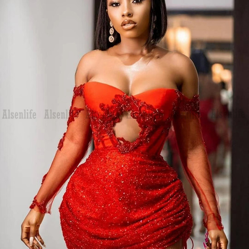 African Short Prom Dress Off the Shoulder Long Sleeves Cocktail Party Gowns Knee Length Sequins Sparkly Formal Evening Wear