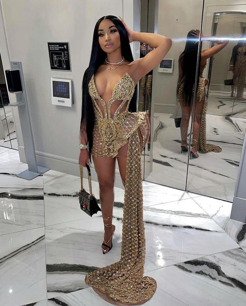 Aso Ebi Style High Low Beaded Sequined Short Prom Dress African Women See Through Gold Sexy Tail Evening Dresses 322 Es Es