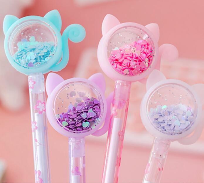Transparent Cat Sequins Gel Pen 0.5mm Student Cute Signature Gel Stationery Pens School Office Supplies Writing Tools GC759