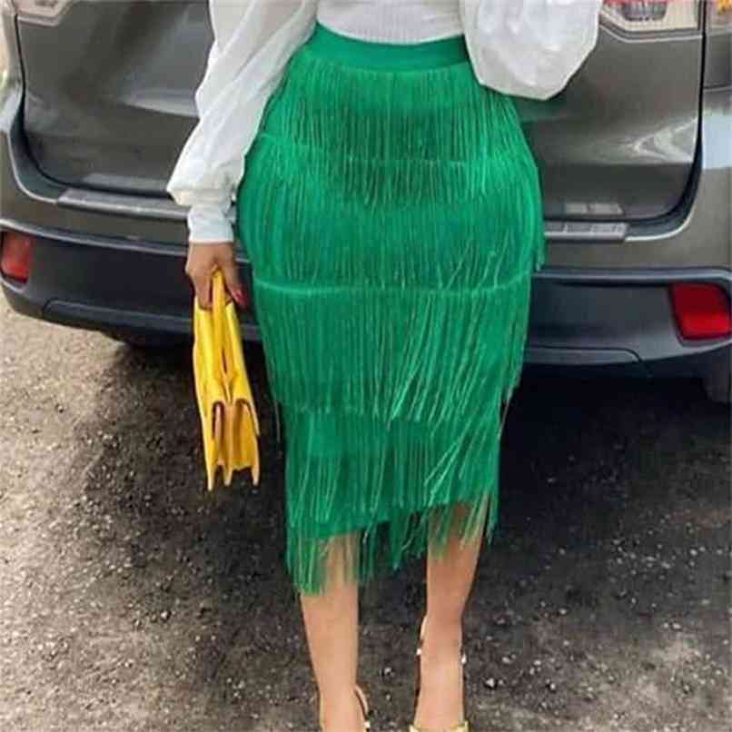 Green Fringe Bodycon Pencil Skirts Tassel High Waist Women Stretch Sheath Midi Length Ladies Slim Jupe Saias faldas Plus Size 210619