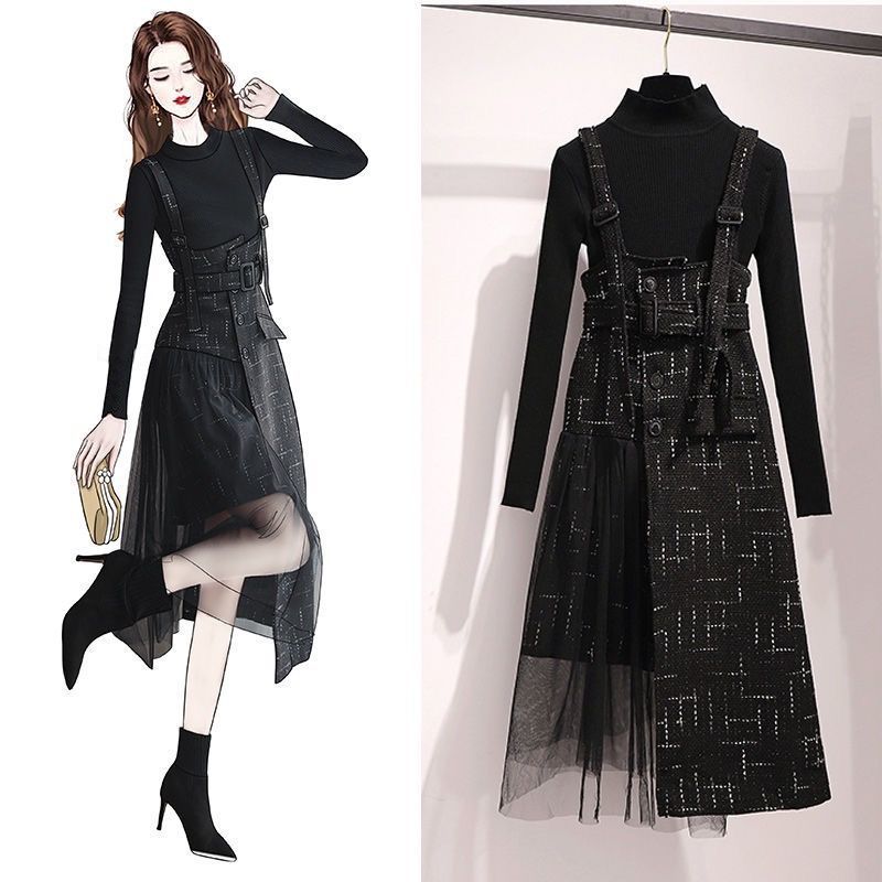 2021 New Bottoming Shirt + Tweed Mesh Splicing Irregular Suspenders Skirt Women's Suit Winter 2 Piece Together F84l, Black sweater
2021 New Bottoming Shirt + Tweed Mesh Splicing Irregular Suspenders Skirt Women's Suit Winter 2 Piece Together F84l, Black sweater