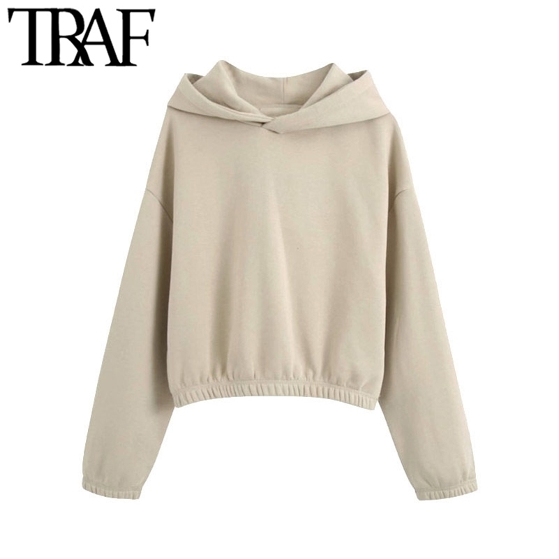 TRAF Women Fashion With Elastic Trims Cropped Hoodies Sweatshirts Vintage Long Sleeve Fleece Female Pullovers Chic Tops 201102