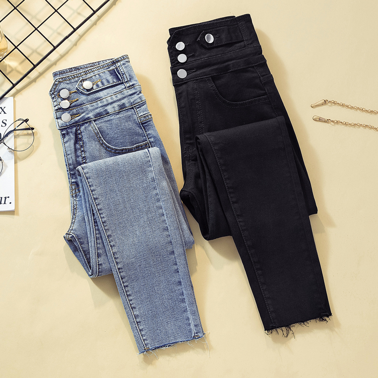 Women's jeans summer new high waist slim was tall and thin and versatile light blue tight feet pants 210222
