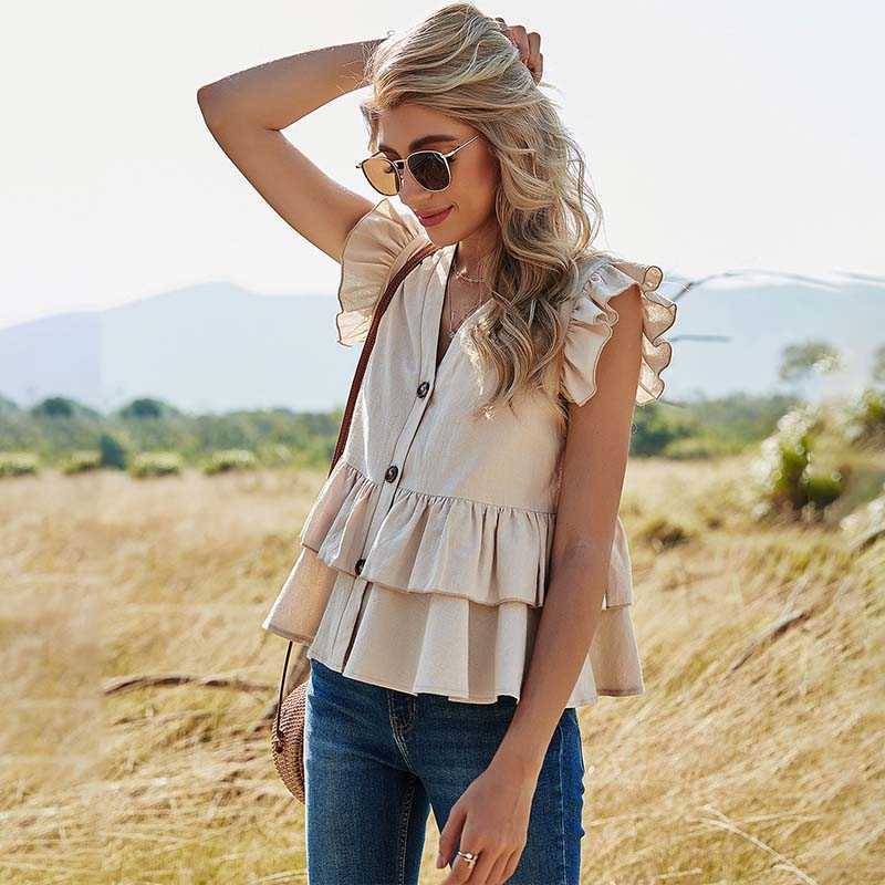 Solid Color Casual Single Breasted Ruffle Short Sleeve Women Shirt V Neck Office All-match Summer Female Tops 210608, Khaki
Solid Color Casual Single Breasted Ruffle Short Sleeve Women Shirt V Neck Office All-match Summer Female Tops 210608, Khaki