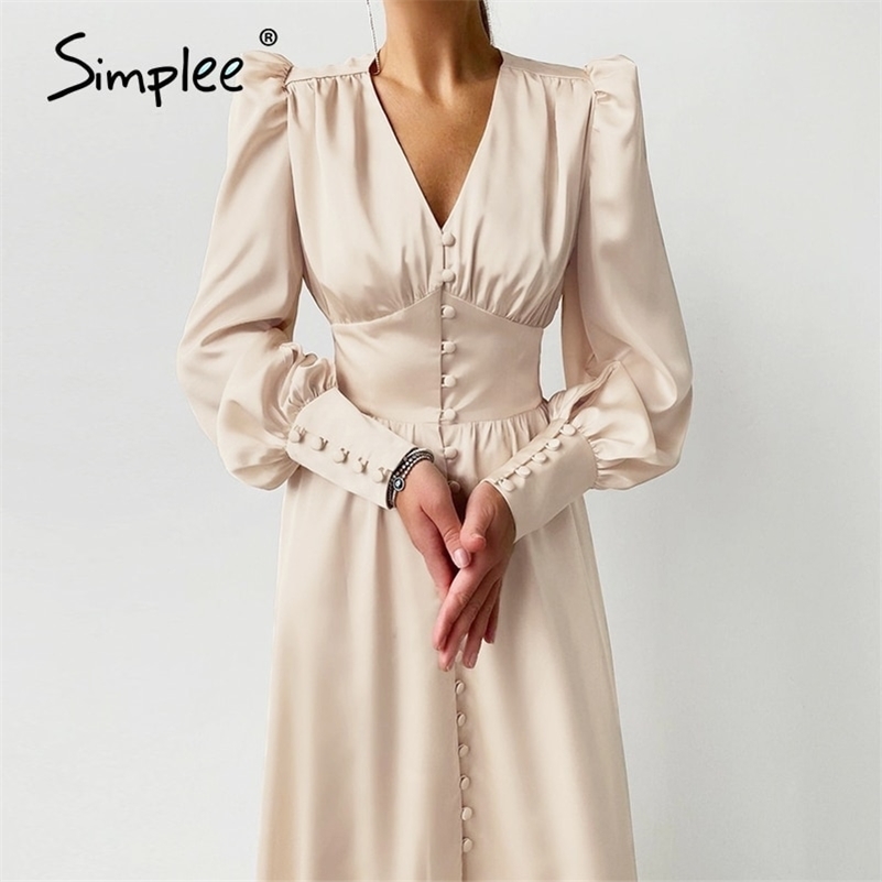 Elegant spring satin bishop sleeve aline dres Vneck high waist button dress solid Vintage long dresses chic 210309