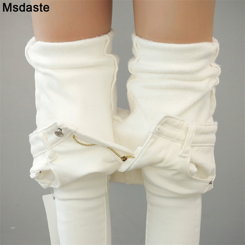 White Warm Jeans Women Winter Wear Black Grey Female Denim Trousers Young Ladies Slim Skinny Streetwear Jean Fleece Pencil Pants 211112