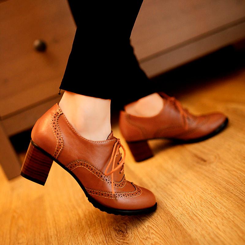 Dress Shoes College Style British Retro Lace Up Work Oxford Carved Leather Middle Heel Thick Women's