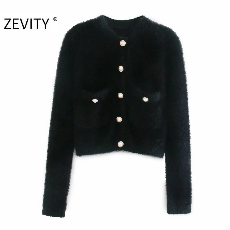 Zevity Women Fashion Candy Colors Pockets Patch Cardigan Knitting Sweater Female Chic Long Sleeve Pearl Breasted Slim Tops S460 210218