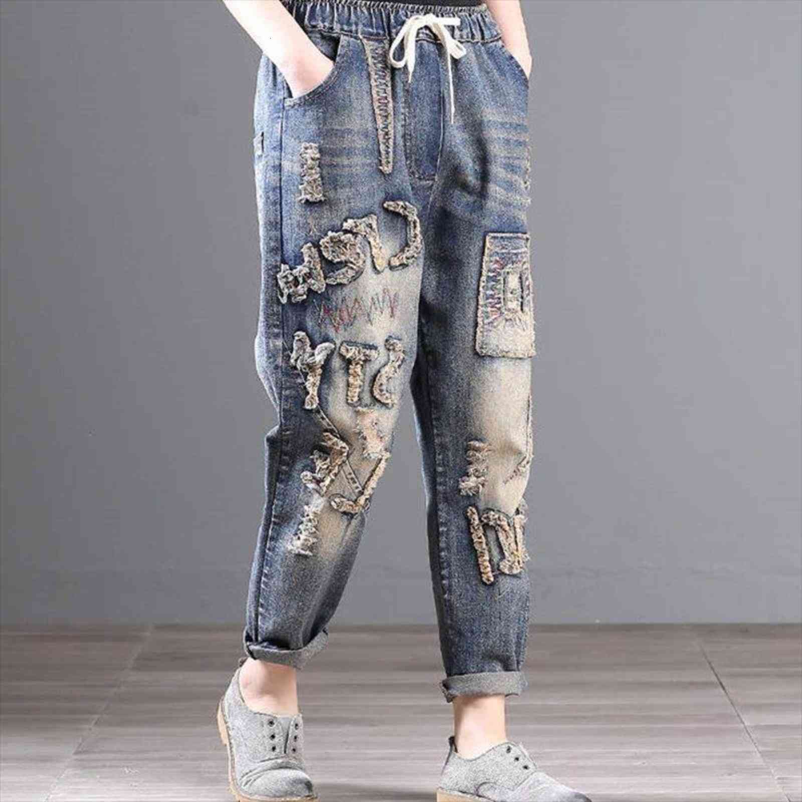 summer large size embroidered ripped women jeans elastic waist loose casual vintage high harem pants, Blue
summer large size embroidered ripped women jeans elastic waist loose casual vintage high harem pants, Blue