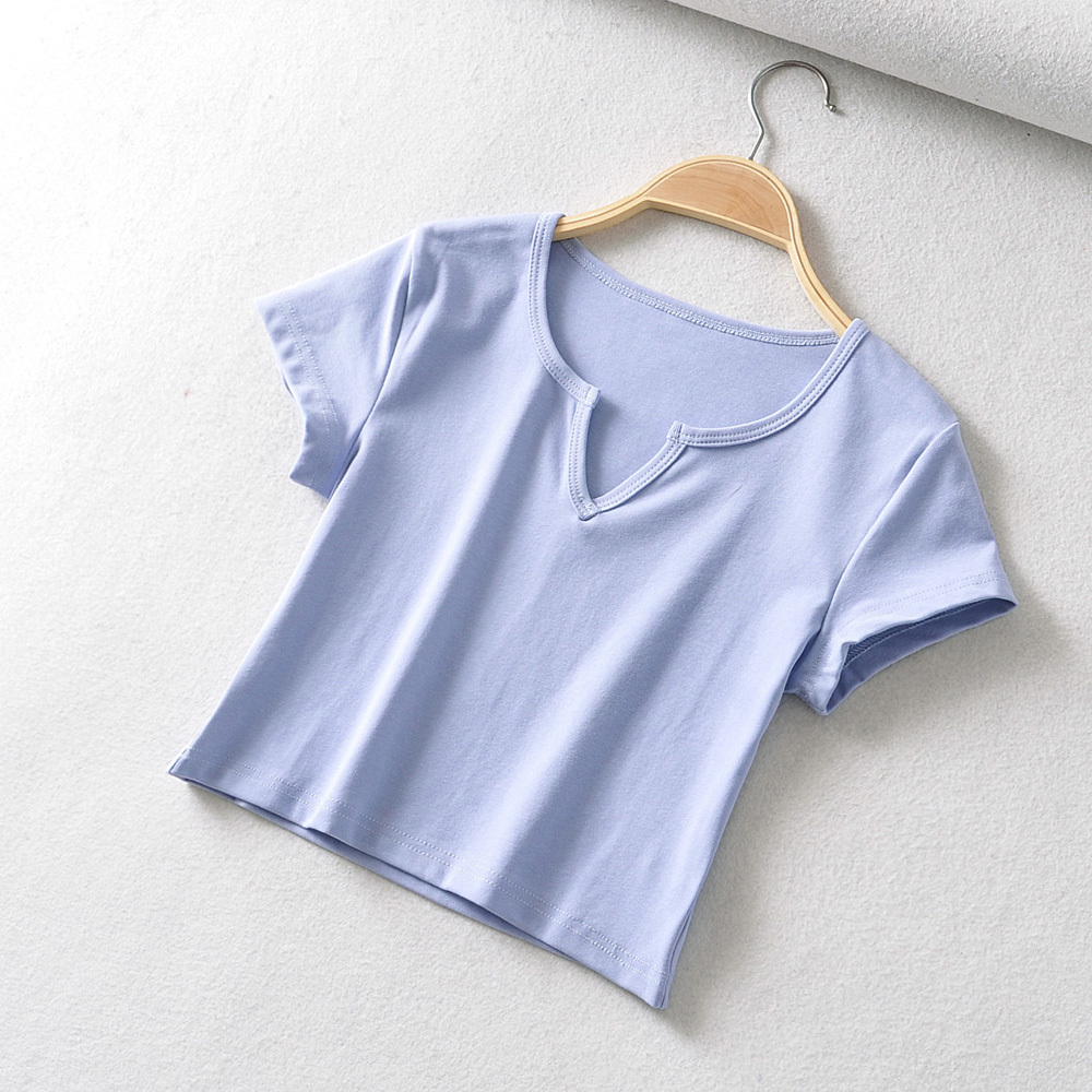 Bradely Michelle Summer women casual basic crop top high-quality Elastic solid cotton short sleeve v-neck harajuku t shirt 210306