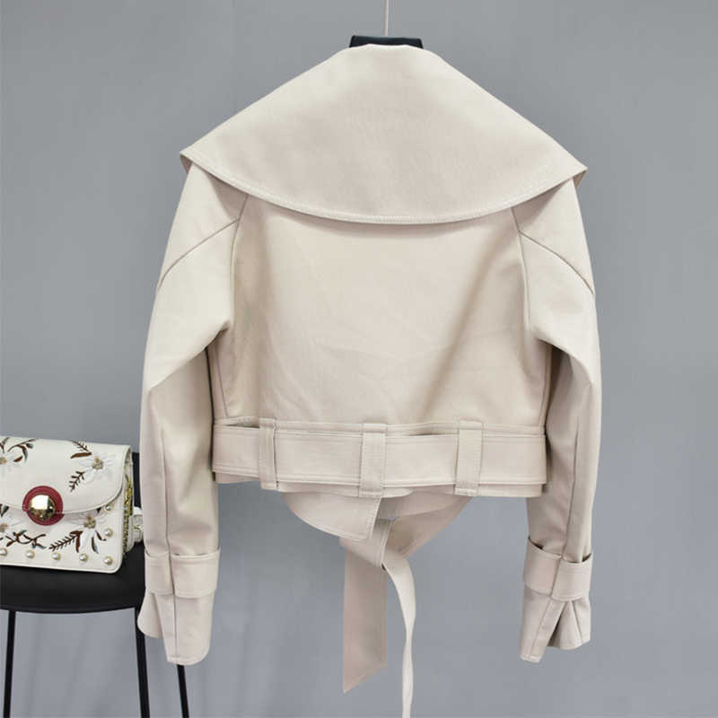 FTLZZ Autumn Women Pu Leather Jackets Short Coat Turndown Collar Belt Lace-up Motorcycle Black Punk Red Overcoat Female Outwear 210909