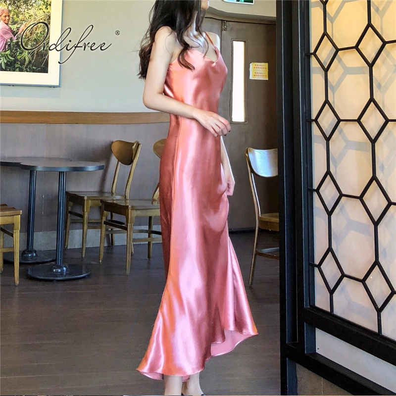 Ordifree Summer Women Long Satin Slip Dress Spaghetti Strap Party Dress Vintage Pink Gold Black Silk Sexy Maxi Dress 210309