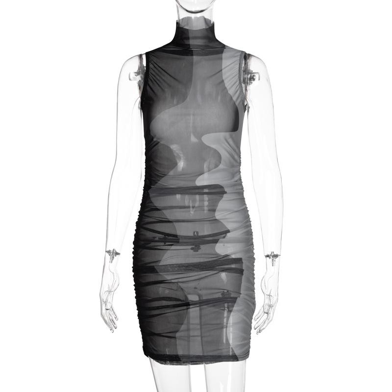 Casual Dresses Sexy See-Through Bag Hip Dress Women Summer Fashion Half High Neck Stitching Contrast Mini Nightclub Party Holiday