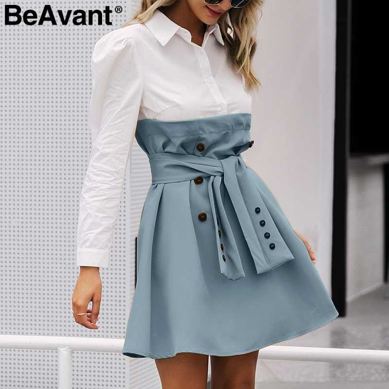 BeAvant Elegant patchwork office dress women Buttons sash belt autumn winter shirt dresses High waist puff sleeve vestidos robe 210709