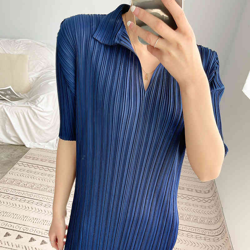 Summer Navy Blue Dress For Women Lapel Short Sleeve Casual Slim Female Elegant Streetwear Dresses 2D3601 210526