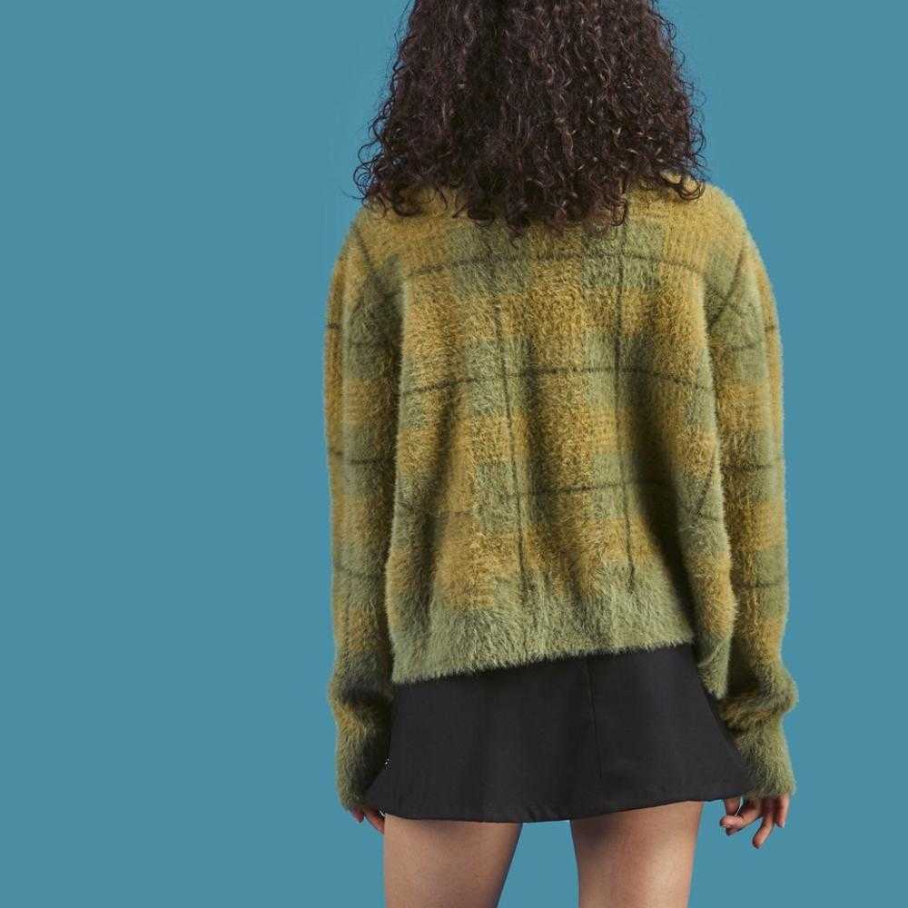 Vintage Mohair Sweater Women Knitted Cardigans Harajuku Lazy Style Ladies V-Neck Button Fuzzy Plaid Cardigan Fluffy Knitwear Top 211007