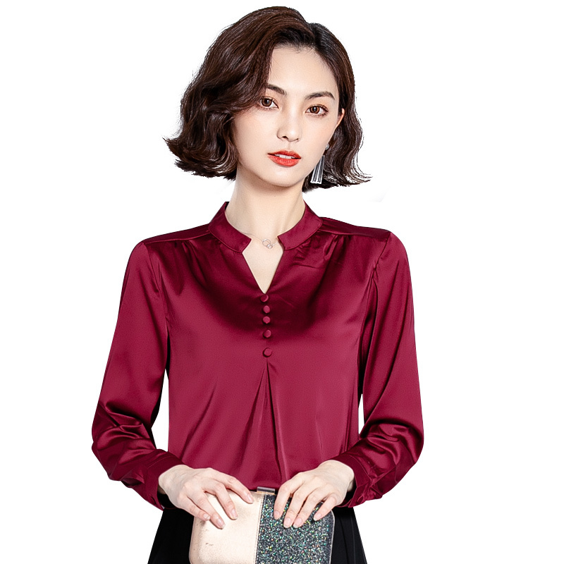 Fashion Autumn Women Silk Shirts Elegant Women Satin Blouse Shirt Woman V Neck OL Shirt Plus Size Womens Tops and Blouses Blouse 210225