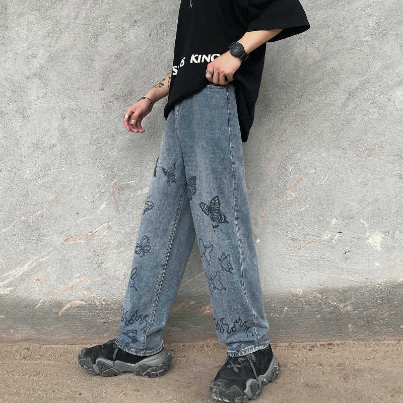SHENGPALAE Summer Casual Jeans Woman Long Trousers Cowboy Female Loose Streetwear Butterfly Wide-leg Pants ZA4878 210809