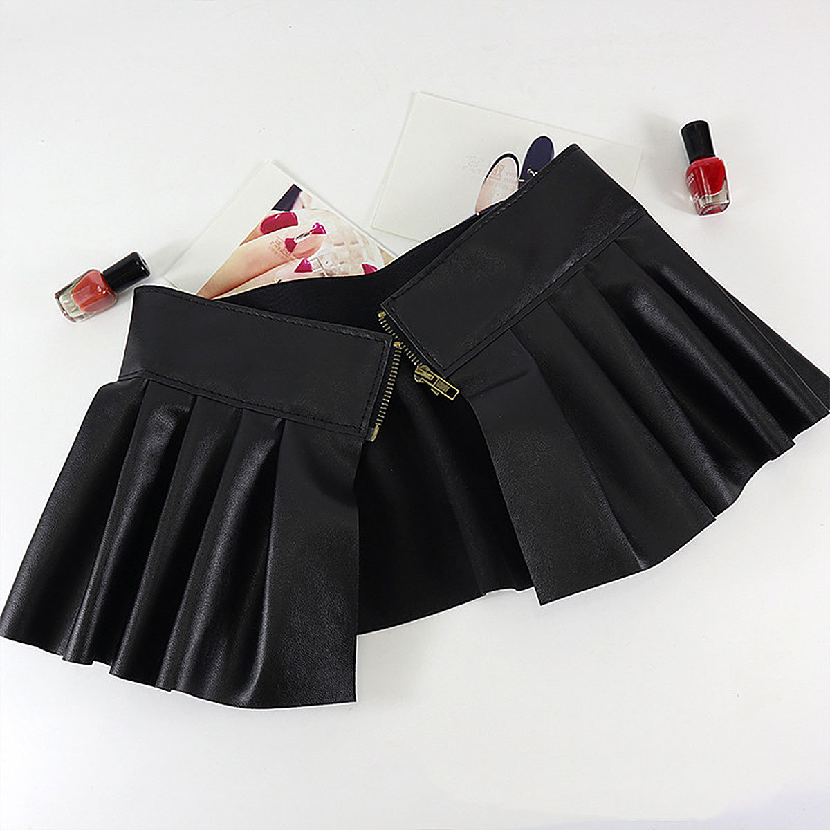 Womens Ladies Sexy Skirts Ladies Faux Leather Pleated Skirts Split Embellished Studded A-Line Mini Skirt for Parties Clubwear 210309
