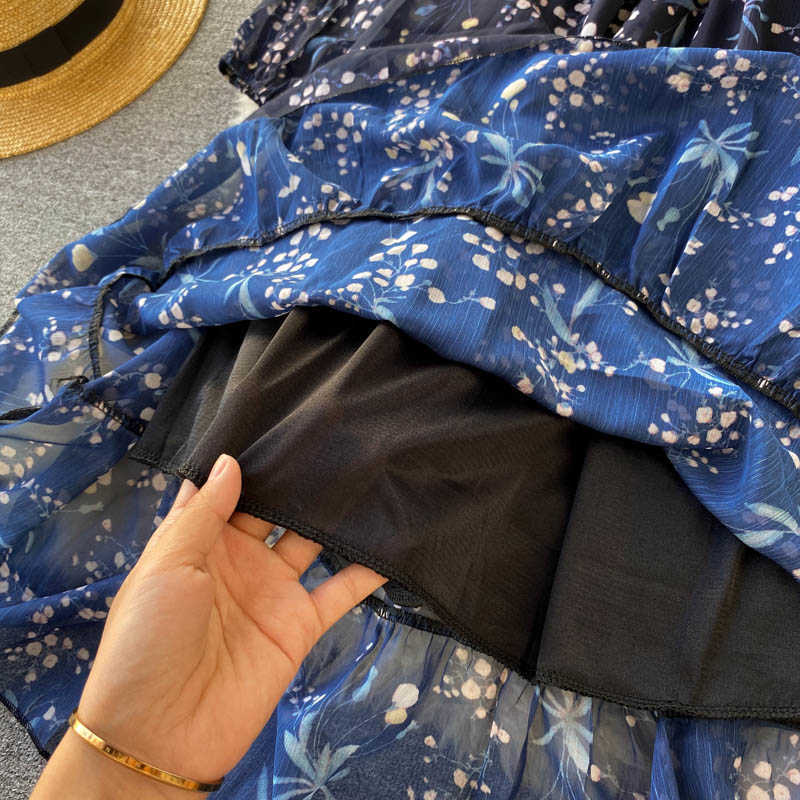 LY VAREY LIN Spring Elegant Puff Sleeve Ruffles Hem Lace Up O Neck Print Women Dresses High Waist Blue Ladies Party 210526