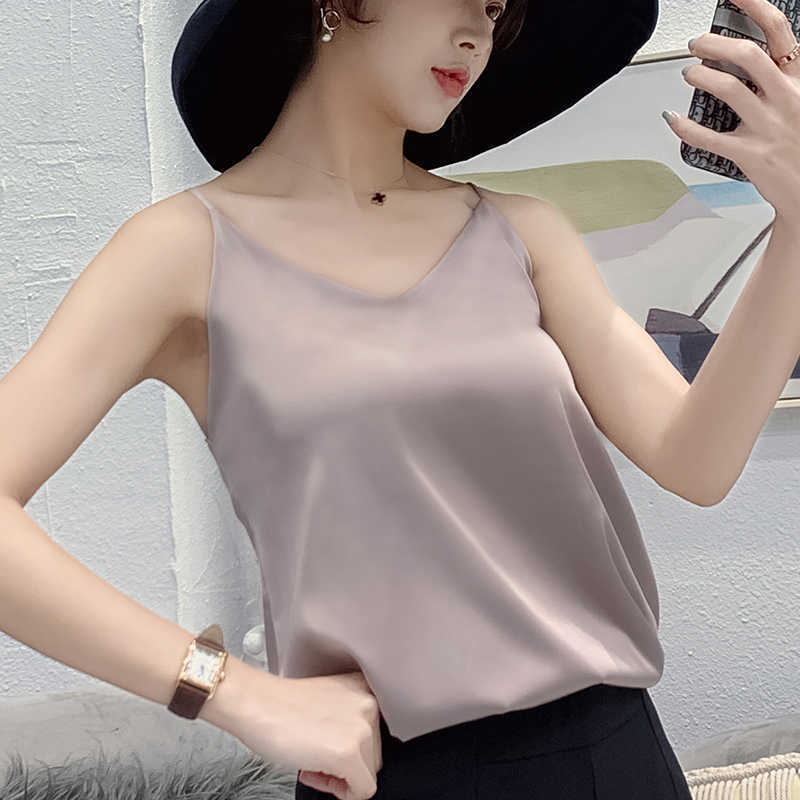 Korean Silk Halter Top Women Silk Camis Women V-neck Satin Tank Tops Elegant Woman Sleeveless White Tops Sexy Top Plus Size XXXL 210625