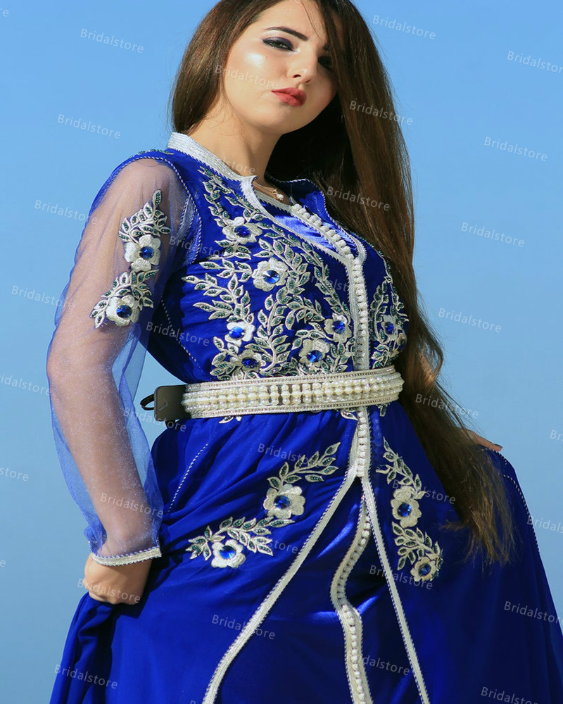 Elegant Royal Blue Crystal Kaftan Evening Dresses Long Sleeve Dubai Abaya Formal Prom Dress Vintage Lace Turkey Evening Gowns Muslim Dress