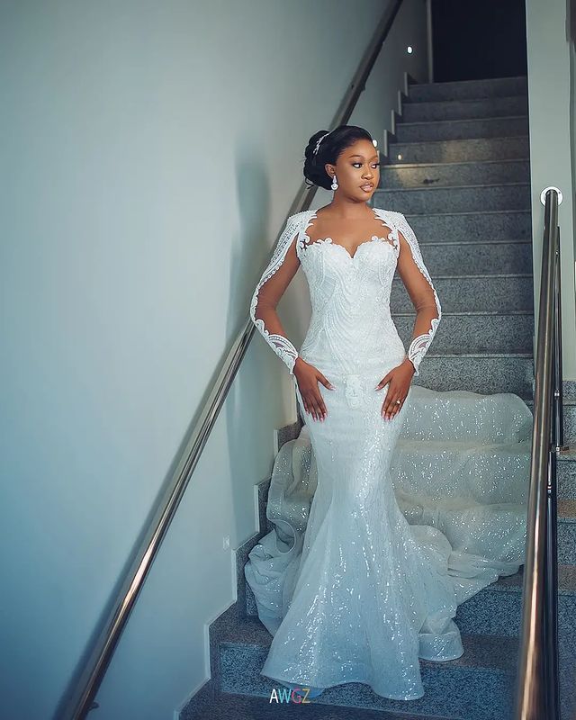 plus size arabic aso ebi mermaid luxurious lace wedding dress sheer neck long sleeves bridal gowns dresses zj511
